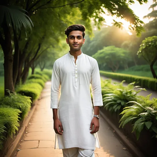 Prompt: Dressed in a crisp white kurta and matching trousers, a young man stands confidently along a sunlit pathway, casting a serene aura against a backdrop of lush greenery. His slight smile and steady gaze project a sense of calm and poise, while the traditional cap perched on his head completes the ensemble, nodding to cultural significance. The scene is vibrant, bathed in natural light, with hints of palm trees and a smooth road adding depth and context to the setting. His posture suggests a moment of contemplation or readiness, effectively capturing the blend of tradition and youthfulness in his demeanor. The overall atmosphere is peaceful, framed by the soft colors of the day as the environment mirrors his thoughtful expression.