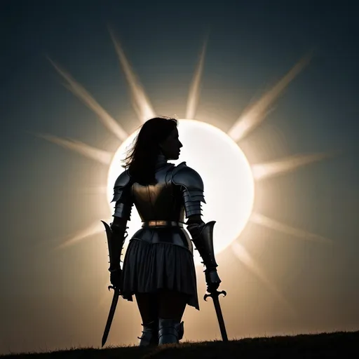 Prompt: Backlit photo of a woman knight. Silhouette, dramatic, artistic, shadowy
Standing in front of a full solar eclipse