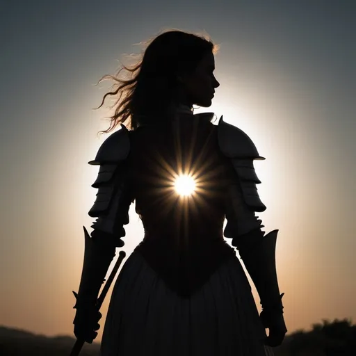 Prompt: Backlit photo of a woman knight. Silhouette, dramatic, artistic, shadowy
Standing in front of a full solar eclipse