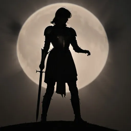 Prompt: Backlit photo of a woman knight. Silhouette, dramatic, artistic, shadowy
Standing in front of a full eclipse