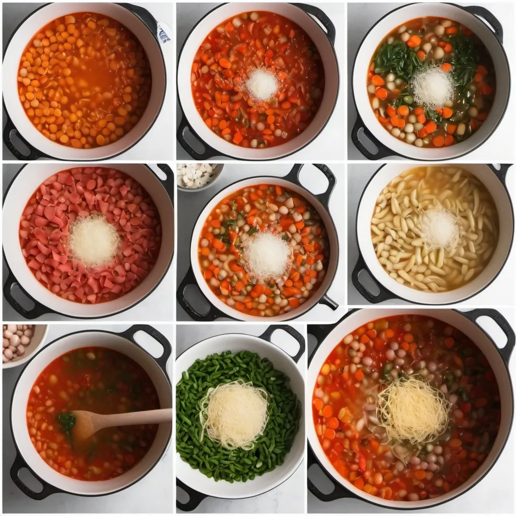 Prompt: create a collage of images that are the ingredients for minestrone soup