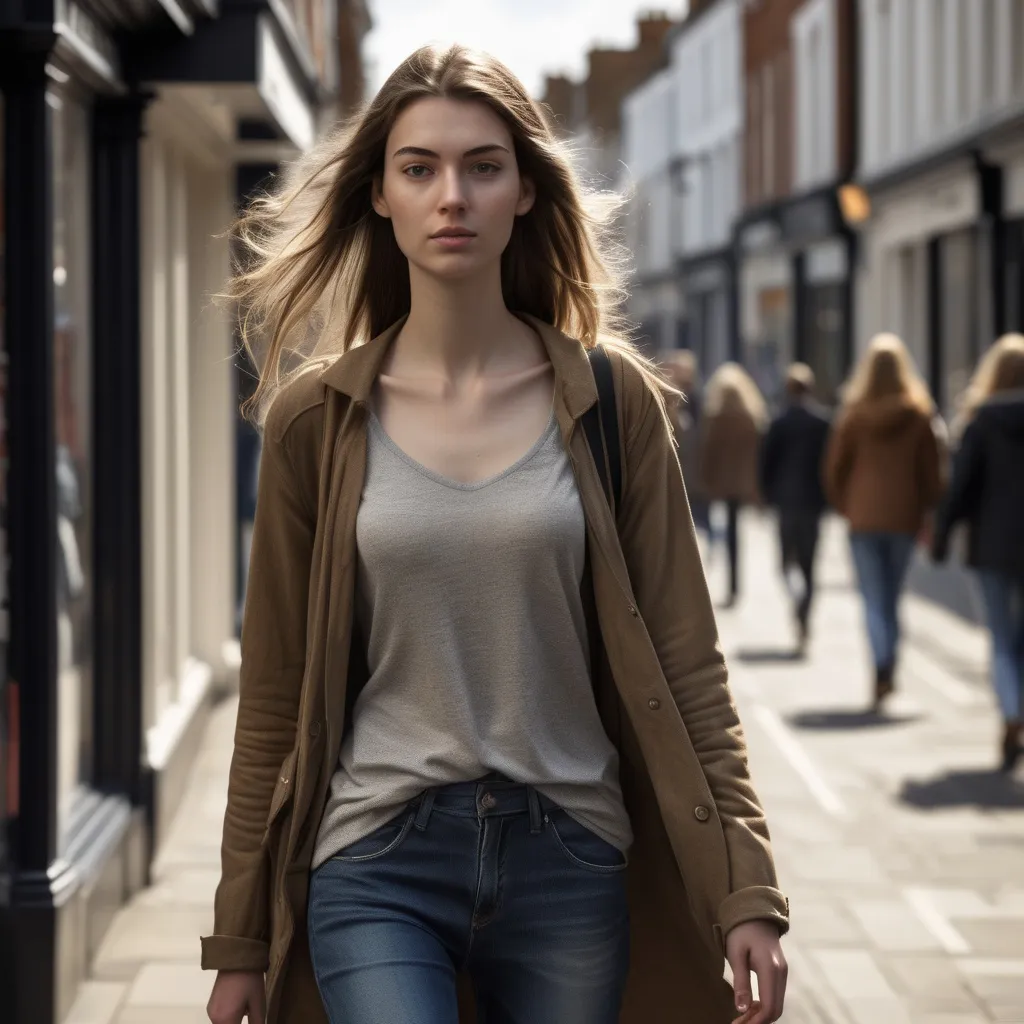 Prompt: Tall young woman walking down the high street, detailed clothing, realistic, natural lighting