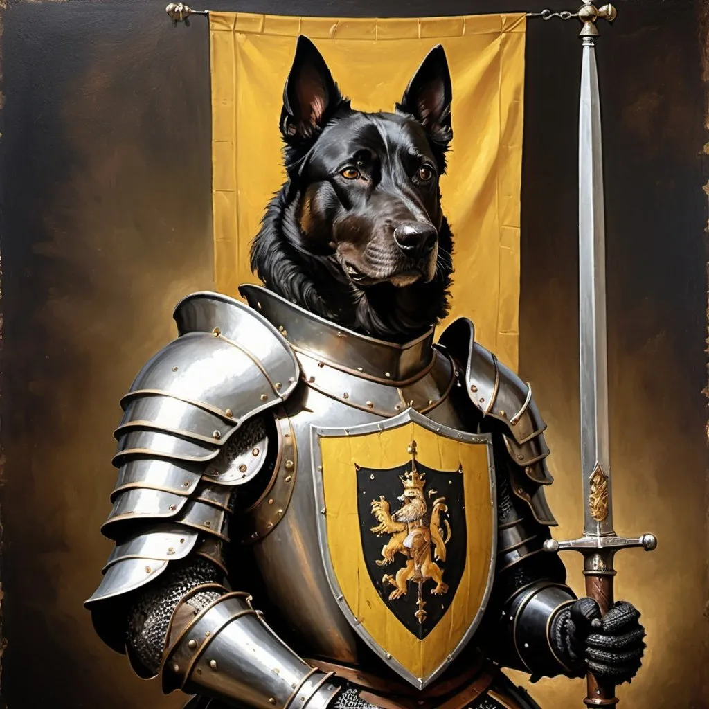 Prompt: A majestic dog knight in weathered armor, holding a black and yellow banner with 'Fonzarello LKT', medieval oil painting, detailed battle-worn armor, fierce and noble expression, high quality, medieval, oil painting, detailed armor, regal, warm lighting, noble stance, medieval setting