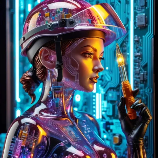 Prompt: A detailed and vibrant transparent crystal glass sculpture of a woman with a screwdriver, work helmet on head, intricate details, surreal, PCB motherboard background