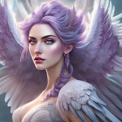 Prompt: Portrait of a young adult female angel with large, feathery, purple wings, silver hair, serene expression, ethereal glow, detailed feathers, angelic beauty, heavenly atmosphere, high quality, digital painting, fantasy, soft lighting, pastel tones, detailed eyes