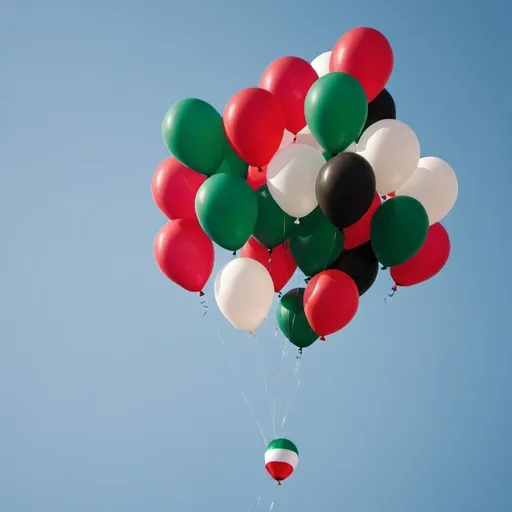 Prompt: Balloons flying in the sky in the colors of the Palestinian flag