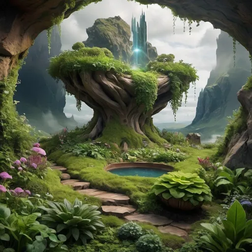 Prompt: Magical garden in asgard with living plant, make it a landscape