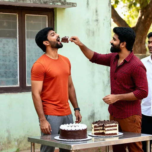 Prompt: Photograph of two South Asian men at a birthday celebration. The man on the left, with short black hair, a trimmed beard, and medium brown skin, wears a tight, orange T-shirt and gray pants. He stands with his mouth open as the other man, who has a neatly trimmed beard, black hair, and medium brown skin, feeds him a piece of chocolate cake. The feeding man wears a red and black checkered shirt and brown pants. They stand in front of a metal table with two cakes: one chocolate with white frosting and the other layered with chocolate and cream. The background includes a weathered, light green wall and a window with frosted glass and a tree visible outside. A third person, partially visible on the right, wears a white shirt. The setting appears casual and outdoor.