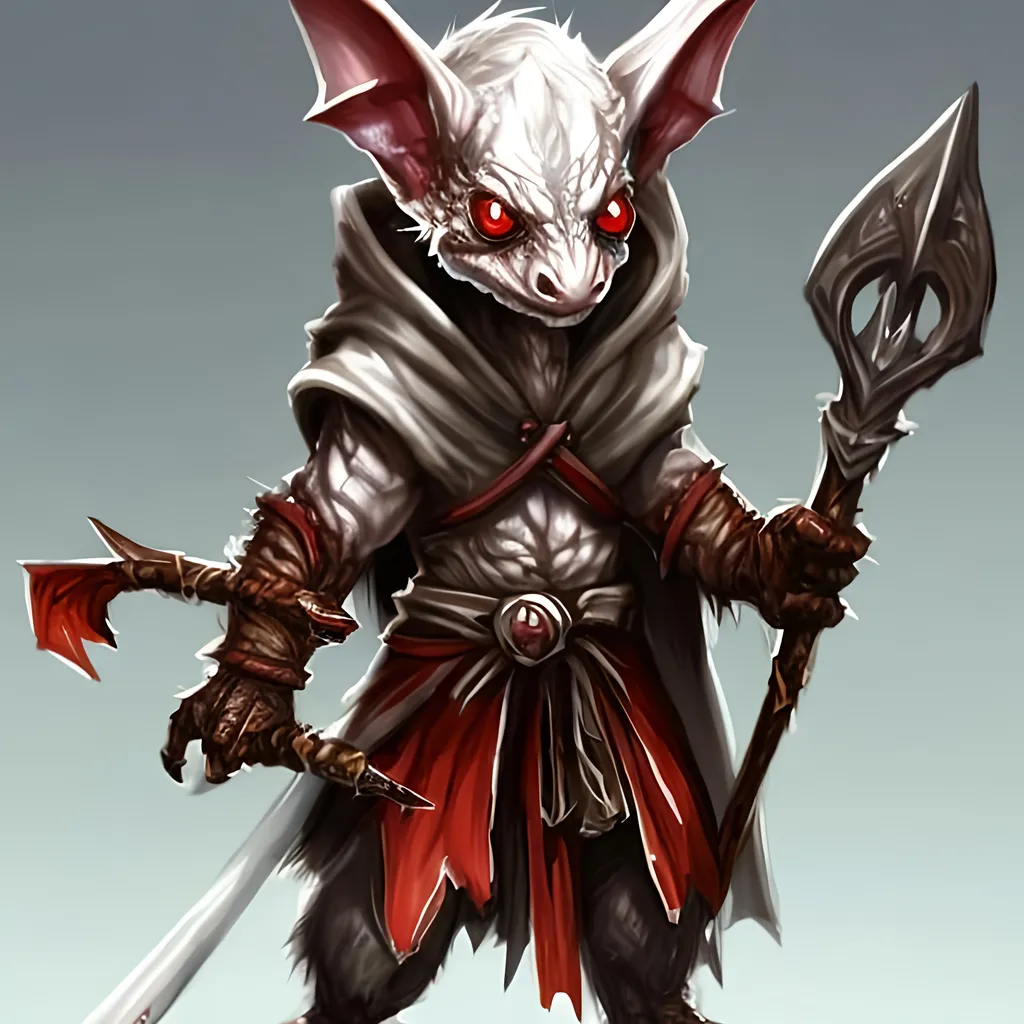 Prompt: A Kobold creature with red eyes and white scales holding a shortbow in one hand. wearing a cloak and hoodie. It's a female kobold