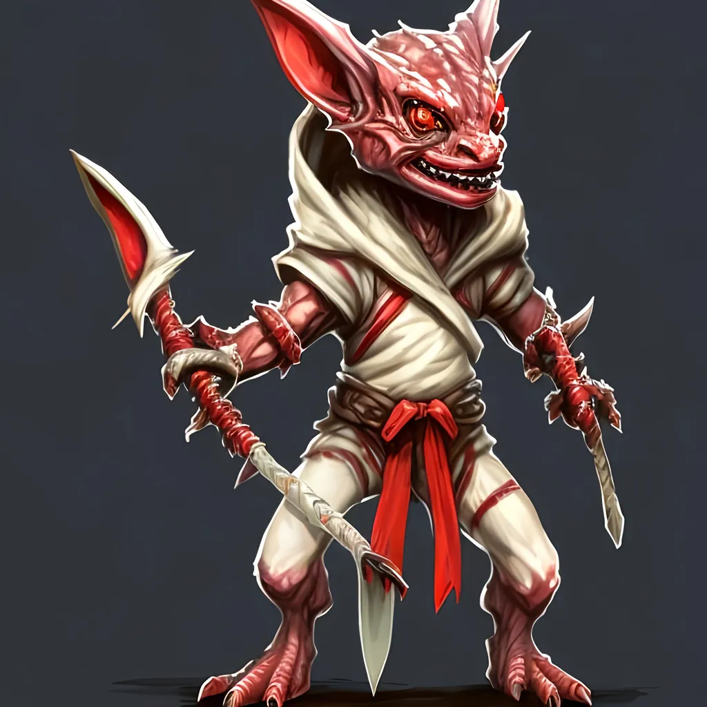 Prompt: A Kobold creature with red eyes and white scales holding a shortbow in one hand. wearing a cleak and hoodie