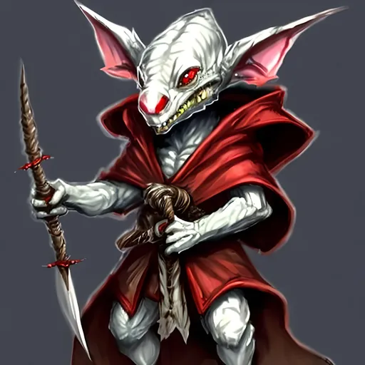 Prompt: A Kobold creature with red eyes and white scales holding a shortbow in one hand. wearing a cloak and hoodie. It's a female kobold