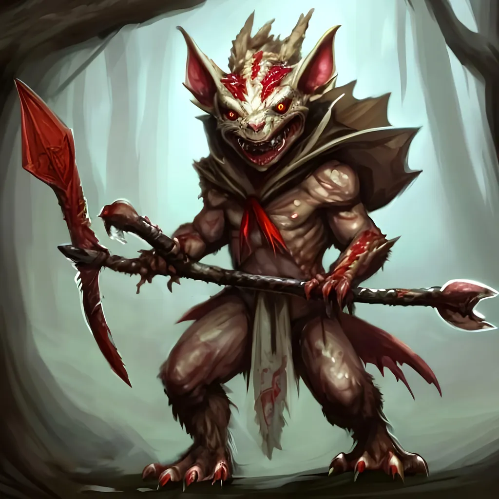 Prompt: A Kobold creature with red eyes and white scales holding a shortbow in one hand. wearing a cleak and hoodie