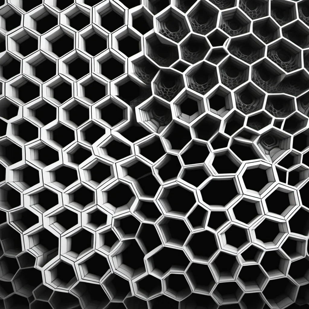 Prompt: 6 patterned gradient Fractal Honeycomb black and white linear grid that looks like a tapestry

