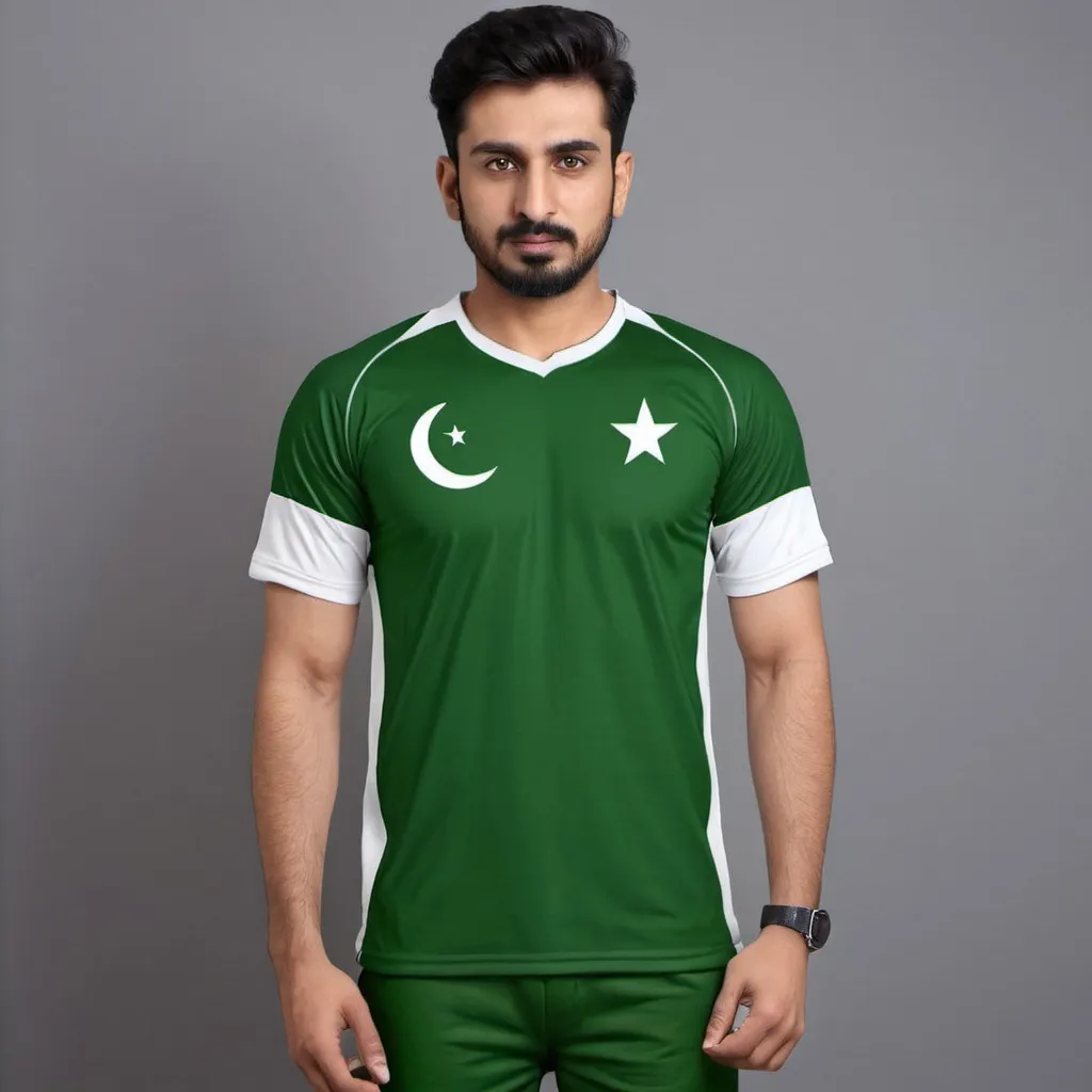 Prompt: Pakistani cricket team t shirt with parrot green and white contrast with star and crescent