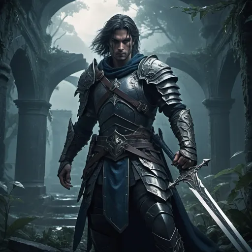 Prompt: Fantasy hero with a sword, photorealistic, dark color scheme, ultra-detailed, 4K, epic atmosphere, dramatic lighting, strong shadows, intricately designed sword, battle-worn armor, intense and determined expression, mysterious overgrown ancient ruins in the background, misty and moody environment, cool tones, deep blues and blacks, faint glimmers of light reflecting off the sword, textured surfaces, high contrast, cinematic quality