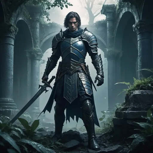 Prompt: Fantasy hero with a sword, photorealistic, dark color scheme, ultra-detailed, 4K, epic atmosphere, dramatic lighting, strong shadows, intricately designed sword, battle-worn armor, intense and determined expression, mysterious overgrown ancient ruins in the background, misty and moody environment, cool tones, deep blues and blacks, faint glimmers of light reflecting off the sword, textured surfaces, high contrast, cinematic quality