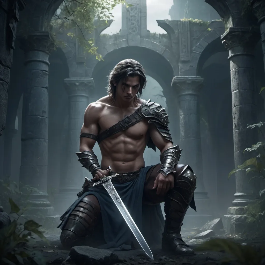 Prompt: Fantasy hero with a sword he is bare chested, a woman is kneeling  beside him, photorealistic, dark color scheme, ultra-detailed, 4K, epic atmosphere, dramatic lighting, strong shadows, intricately designed sword, battle-worn armor, intense and determined expression, mysterious overgrown ancient ruins in the background, misty and moody environment, deep blues and blacks, faint glimmers of light reflecting off the sword, textured surfaces, high contrast, cinematic quality