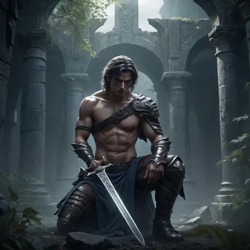 Prompt: Fantasy hero with a sword he is bare chested, a woman is kneeling  beside him, photorealistic, dark color scheme, ultra-detailed, 4K, epic atmosphere, dramatic lighting, strong shadows, intricately designed sword, battle-worn armor, intense and determined expression, mysterious overgrown ancient ruins in the background, misty and moody environment, deep blues and blacks, faint glimmers of light reflecting off the sword, textured surfaces, high contrast, cinematic quality