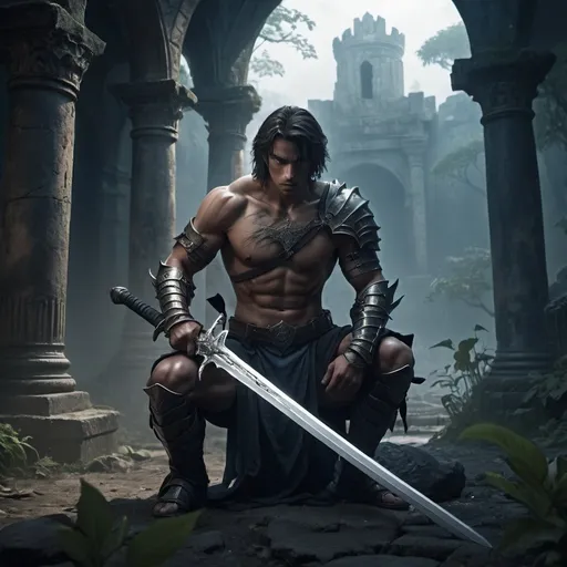 Prompt: Fantasy hero with a sword he is bare chested, a woman is kneeling  beside him, photorealistic, dark color scheme, ultra-detailed, 4K, epic atmosphere, dramatic lighting, strong shadows, intricately designed sword, battle-worn armor, intense and determined expression, mysterious overgrown ancient ruins in the background, misty and moody environment, deep blues and blacks, faint glimmers of light reflecting off the sword, textured surfaces, high contrast, cinematic quality