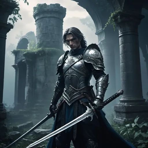 Prompt: Fantasy hero with a sword, a damsel at his back, 
photorealistic, dark color scheme, ultra-detailed, 4K, epic atmosphere, dramatic lighting, strong shadows, intricately designed sword, battle-worn armor, intense and determined expression, mysterious overgrown ancient ruins in the background, misty and moody environment, deep blues and blacks, faint glimmers of light reflecting off the sword, textured surfaces, high contrast, cinematic quality