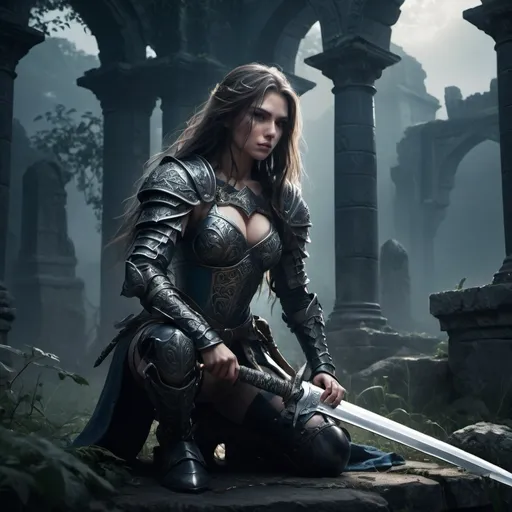 Prompt: Fantasy heroine long hair, kneeling with a sword, photorealistic, dark color scheme, ultra-detailed, 4K, epic atmosphere, dramatic lighting, strong shadows, intricately designed sword, battle-worn armor, intense and determined expression, mysterious overgrown ancient ruins in the background, misty and moody environment, deep blues and blacks, faint glimmers of light reflecting off the sword, textured surfaces, high contrast, cinematic quality