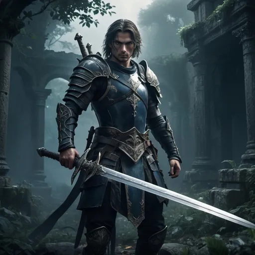 Prompt: Fantasy hero with a sword, a damsel at his back, 
photorealistic, dark color scheme, ultra-detailed, 4K, epic atmosphere, dramatic lighting, strong shadows, intricately designed sword, battle-worn armor, intense and determined expression, mysterious overgrown ancient ruins in the background, misty and moody environment, deep blues and blacks, faint glimmers of light reflecting off the sword, textured surfaces, high contrast, cinematic quality