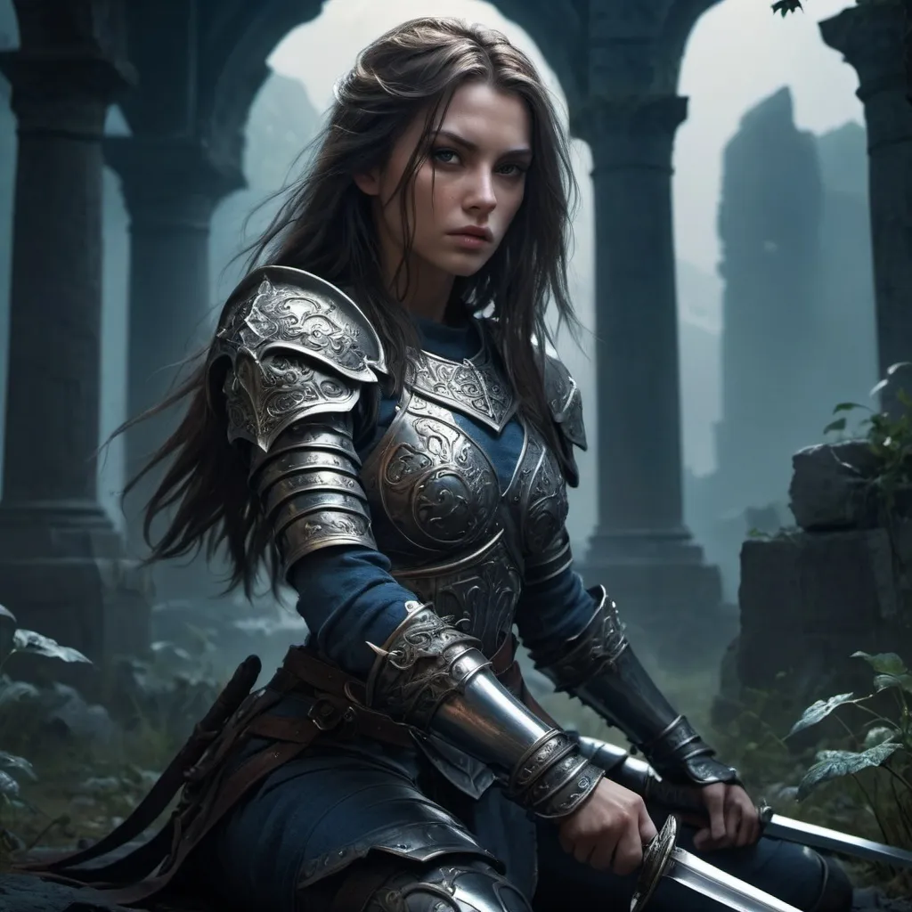 Prompt: Fantasy heroine long hair, kneeling with a sword, photorealistic, dark color scheme, ultra-detailed, 4K, epic atmosphere, dramatic lighting, strong shadows, intricately designed sword, battle-worn armor, intense and determined expression, mysterious overgrown ancient ruins in the background, misty and moody environment, deep blues and blacks, faint glimmers of light reflecting off the sword, textured surfaces, high contrast, cinematic quality