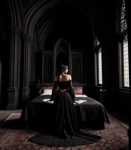 Prompt: Photo of A Gothic princess, minimal apparel, rear facing the viewer, Immaculately shaped posterior, bedroom setting, symmetrical features, photograph, HD, HDR, 4k, UHD, photorealism, detailed anatomy, Gothic bed scenery, intense lighting, image,  vibrant colors, detailed environment, subtle expressions