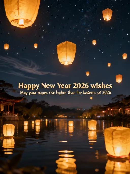 Prompt: Lantern Festival Theme
 
Prompt:
“Happy New Year 2026 wishes, floating lanterns rising into the night sky, warm golden glow, soft reflections over water, peaceful Asian-inspired festival scene.”
 
Quote to place:
“May your hopes rise higher than the lanterns of 2026.”