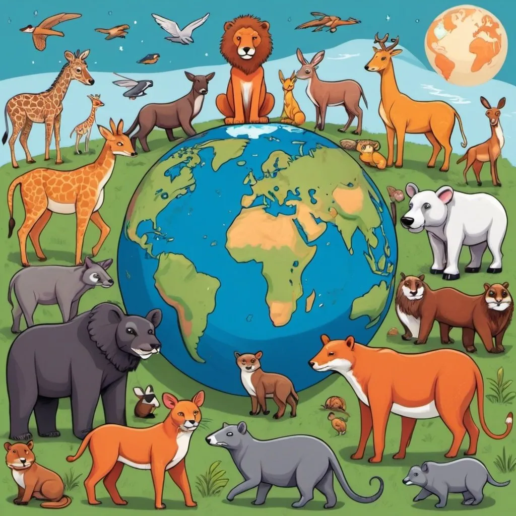 Prompt: Animals surrounding earth cartoonish magazine cover