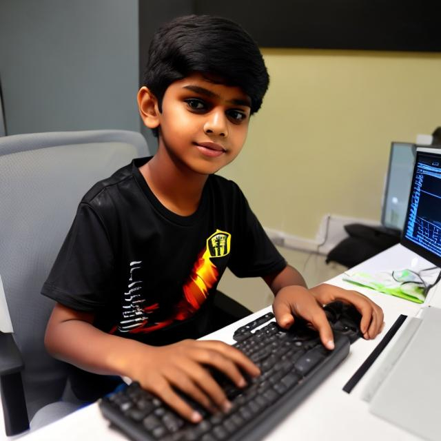 Prompt: A boy playing computer games wearing a black shirt named "Chandimal"