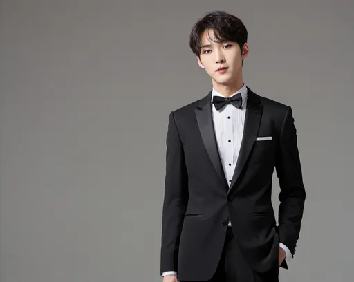 Prompt: Korean, Male, Black Tuxedo, All full-body picture, Button up, Bow tie, Bangs down, Handsome, Tall, Stand up