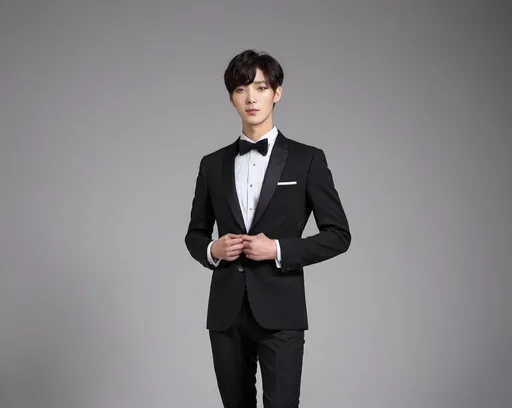Prompt: Korean, Male, Black Tuxedo, All full-body picture, Button up, Bow tie, Bangs down, Handsome, Tall, Stand up