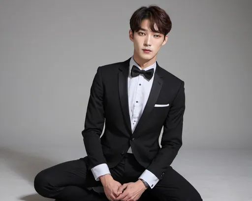 Prompt: Korean, Male, Black Tuxedo, All full-body picture, Button up, Bow tie, Bangs down, Handsome, Tall, Kneel, Fit, Sweat