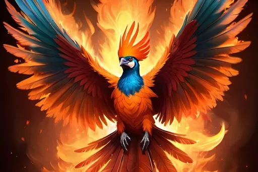 Prompt: Birds engulfed in flames, glowing feathers, fiery wings, intense heat, high quality, digital painting, vibrant colors, surreal, fiery feathers, radiant glow, surrealistic, intense and vivid, warm tones, dynamic lighting, detailed plumage, surrealistic art, ethereal atmosphere