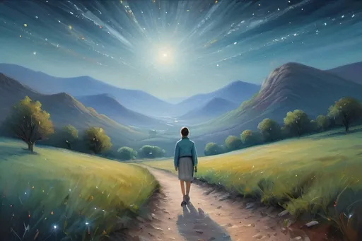 Prompt: Person walking down a starlit valley, oil painting, serene atmosphere, high quality, impressionism, cool tones, star-filled sky, tranquil landscape, peaceful stroll, dreamy, surreal, detailed brush strokes, atmospheric lighting