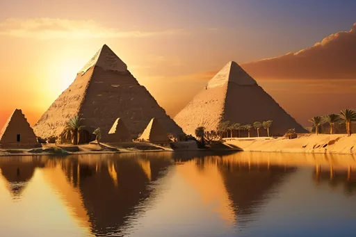 Prompt: Egyptian pyramids over the Nile, ancient Egyptian architecture, grand scale, majestic river, clear skies, sunset, warm tones, detailed hieroglyphics, high quality, realistic, historical, warm lighting, monumental