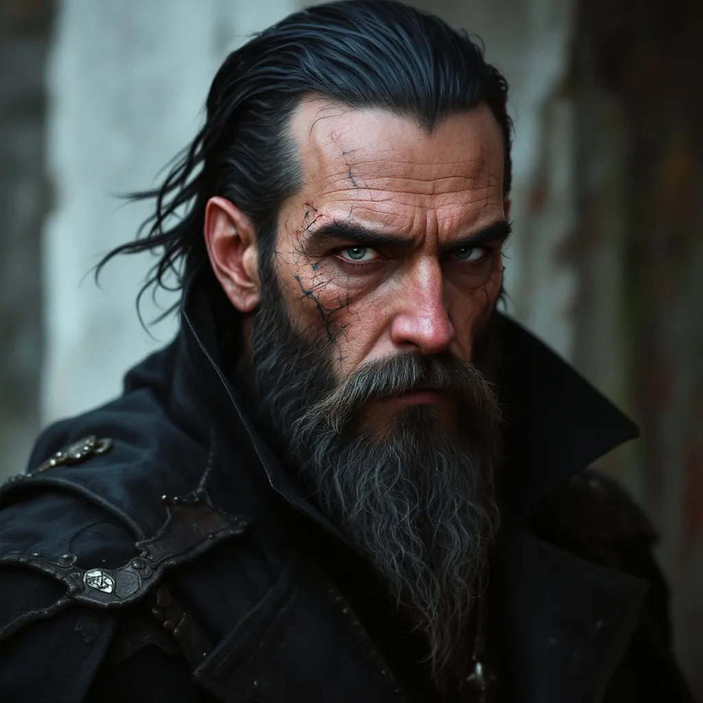 Prompt: Middle aged warlock. Handsome with dark hair and beard. A streak grey in his beard. Made a pact with an eldritch god.