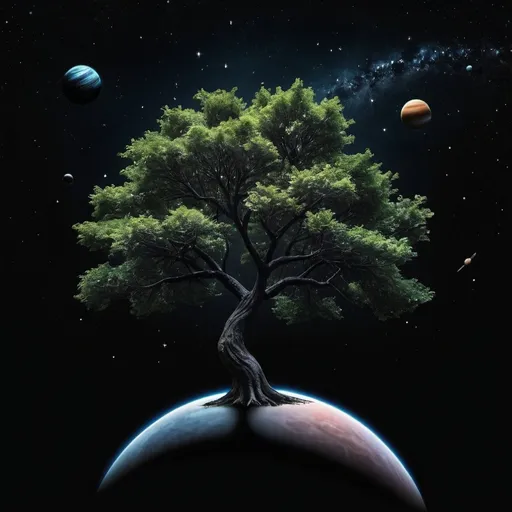 Prompt: Tree floating in space with black background stars and planets for pc background size