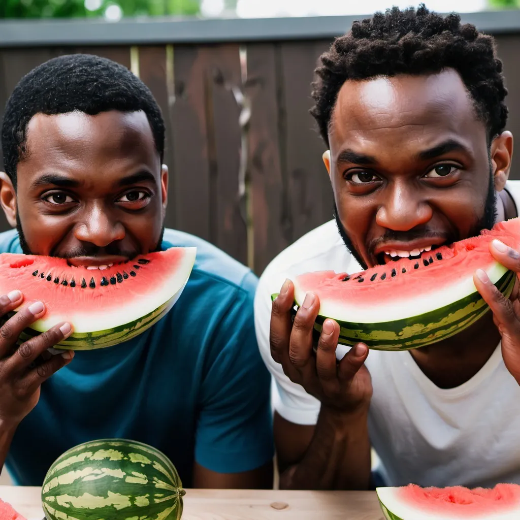 Prompt: black men eating wetermelon