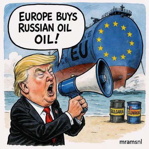 Prompt: Visualize Donny Dumb shouting into a megaphone: ‘Europe buys Russian oil!’
Behind him: a giant, exaggerated oil tanker labeled EU.
Reality in the background: two small barrels labeled Bulgaria and Slovakia.
Style: satirical, political cartoon, wide margins, clean bold lettering.
Add watermark bottom-right: mramsnl