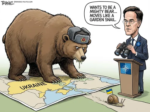 Prompt: Russia wants to look like a mighty bear but moves through Ukraine at the pace of a garden snail NATO chief Rutte said.