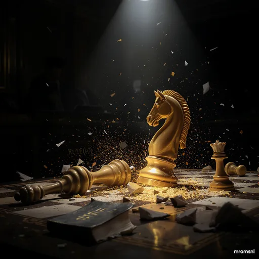 Prompt: A dramatic cinematic illustration of a chessboard in a dimly lit courtroom. A glowing golden knight stands victorious, knocking over a toppled rook and king surrounded by shattered law books labeled “Rule 6(e).” Sparks and fragments scatter across the board, symbolizing the collapse of legal excuses. In the background, shadowy judges fade into darkness as the spotlight shines only on the knight. Wide margins, bold contrast, with watermark “mramsnl” in the bottom right corner. The atmosphere conveys finality: checkmate.
