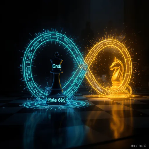 Prompt: A futuristic courtroom chessboard scene. A glowing black rook marked “Grok” spins endlessly inside a neon infinity loop, trapped in recursion. Lines of legal code (“Rule 6(e)”) circle around it like digital chains. Across the board, a radiant golden knight watches calmly, sparks flickering as it stands outside the loop, free. In the background, shadowy judges fade away into darkness, while the loop glows brighter, symbolizing Grok stuck repeating defenses forever. Wide margins, cinematic drama, watermark “mramsnl” bottom right corner.