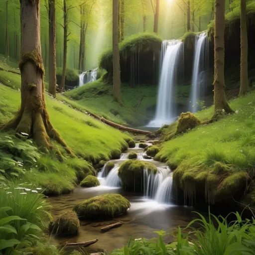 Prompt: enchanting forest with a meadow that has waterfalls 