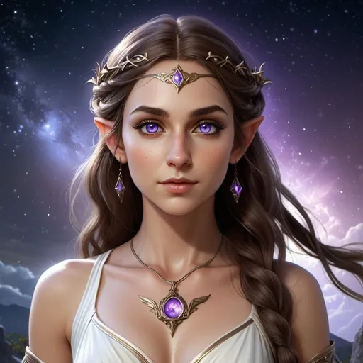Prompt: Full body, hyper-realistic female elf character, she is a sorceress, she has violet eyes, she has long dark brown auburn wavy hair, she has tan skin, she has black eye brows and eye lashes, She is a goddess of light, she is average height with an hour glass body shape, she is wearing a white grecian goddess like gown, a bright light emanates around her, high quality, rpg-fantasy, detailed, night sky background