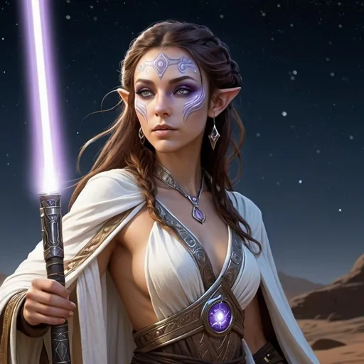 Prompt: Full body, hyper-realistic female space elf character, she is a jedi sorceress, she has violet eyes, she has long dark brown auburn wavy hair with a silver white streak that runs through it, she has tan skin, she has black eye brows and eye lashes, She is a goddess of light, she is average height with an hour glass body shape, she is wearing robes of a jedi knight, a bright light emanates around her, she has tribal face tattoos that are gold in color, He light sabers are white like Ashoka's, high quality, rpg-fantasy, detailed, night sky background
