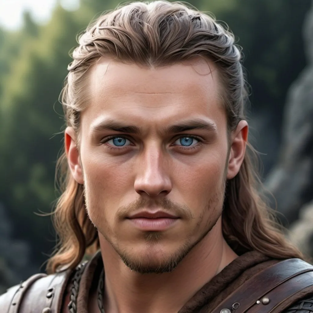 Prompt: hyper-realistic human male, he is a viking, he has dark chocolate cherry hair, he has bright blue eyes, he has sun kissed peach colored skin, he looks like Uhtred from the tv show Last Kingdom, fantasy character art, illustration, dnd, 