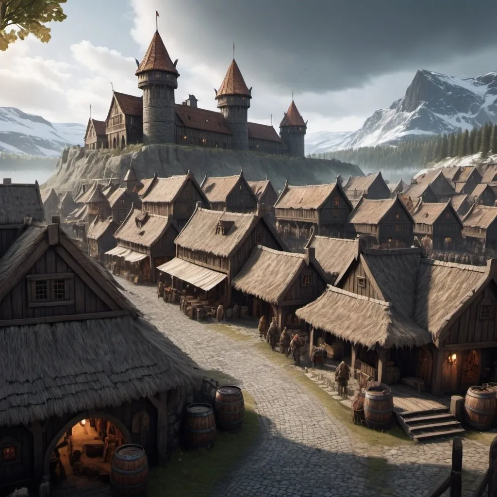 Prompt: large viking city, has a large viking castle in the middle of the town, town has many shops, market places, many houses, multiple inns, a few stables, there is wall that goes around the city fantasy settlement scene, cinematic lighting