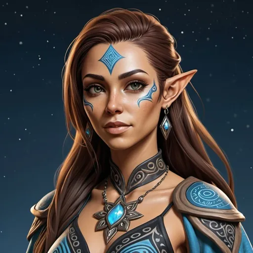 Prompt: Full body, hyper-realistic female space elf character, she is a jedi, she has violet eyes, she has long dark brown auburn wavy hair with a silver white streak that runs through it, she has tan skin, she has black eye brows and eye lashes, She is a goddess of light, she is average height with an hour glass body shape, she is wearing robes of a jedi knight, a bright light emanates around her, she has tribal face tattoos that are blue in color, He light sabers are white in color, high quality, detailed, night sky background
